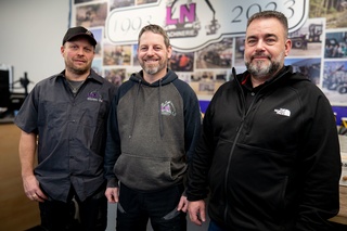 Les actionnaires de LN Machinerie : Yann Lavoie, directeur d'atelier mécanique, Sylvain Guay, directeur des pièces et Nicolas Roy, directeur des ventes. Absents sur la photo : Louis Vaillancourt, directeur soutien technique, et Shane Morasse, soutien technique. (Photo Jonathan Thibeault)