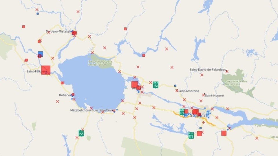 Les rejets thermiques dans la région sont illustrés par les carrés et X rouges. En bleu, les besoins thermiques. Cette capture d'écran est tirée de la Carte des rejets et des besoins du ministère des Ressources naturelles et des Forêts. (Source MRNF)